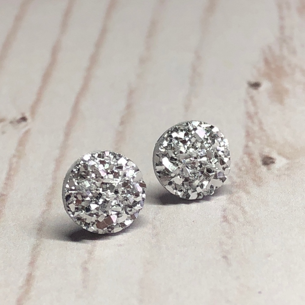 Silver Faux Druzy 8mm Post Back Stud Earrings! - Picture 10 of 16